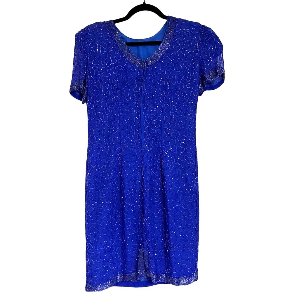 Allure Vintage Silk Beaded Royal Blue Textured Mini Dress 80s 90s - Picture 2 of 6